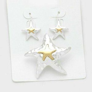 Starfish Pendant Earrings SET Two Tone Hammered